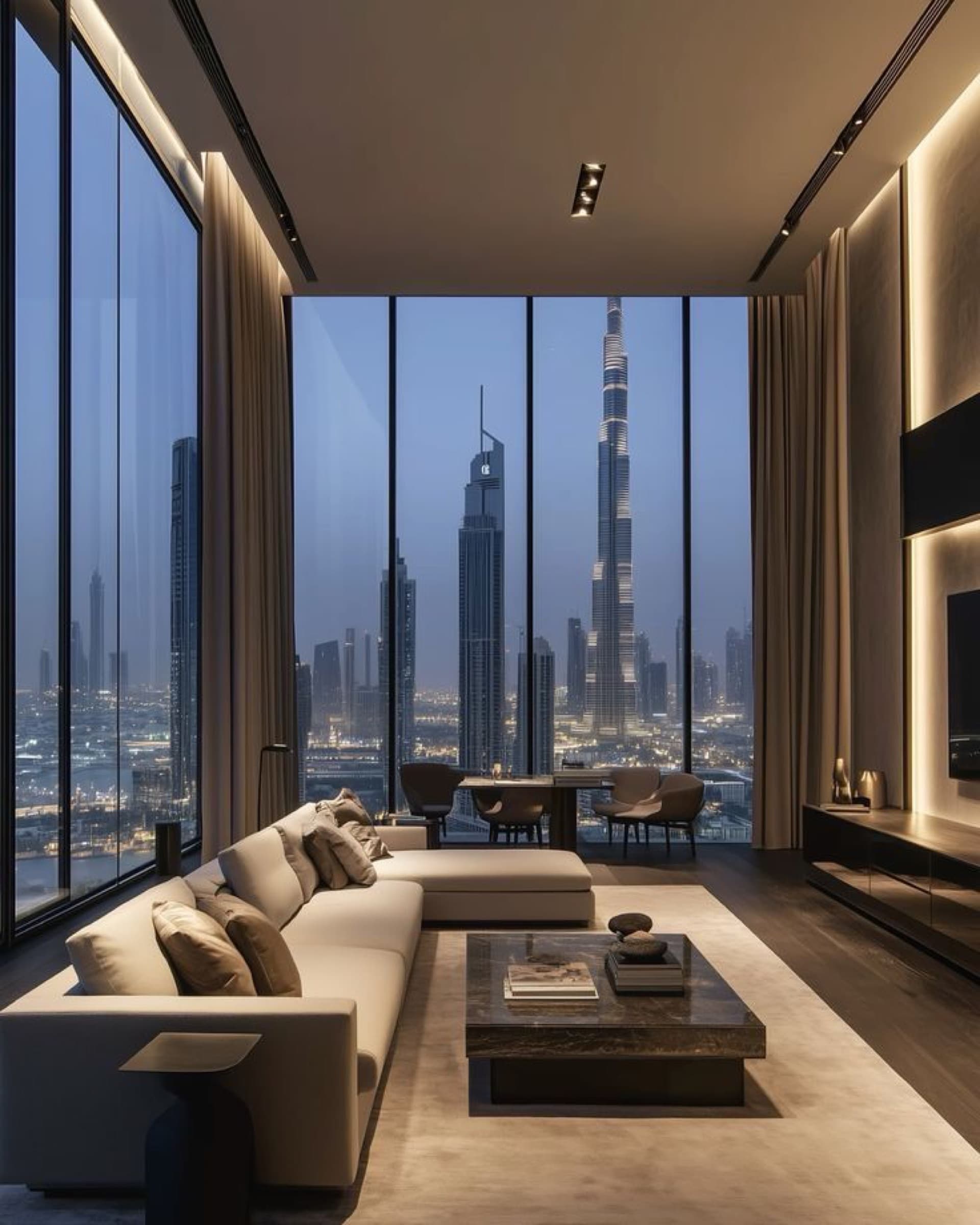 Downtown Dubai skyline with Burj Khalifa at dusk