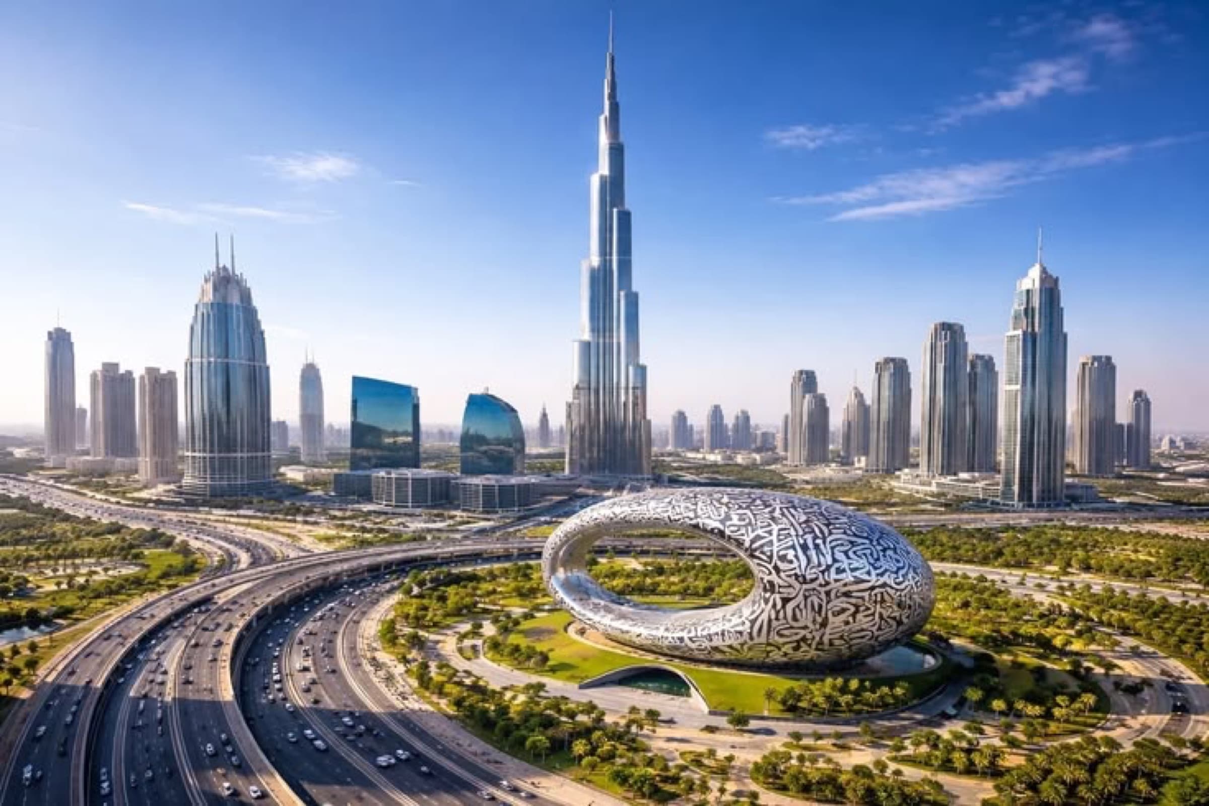 Downtown Dubai skyline with Burj Khalifa and Museum of the Future, aerial view