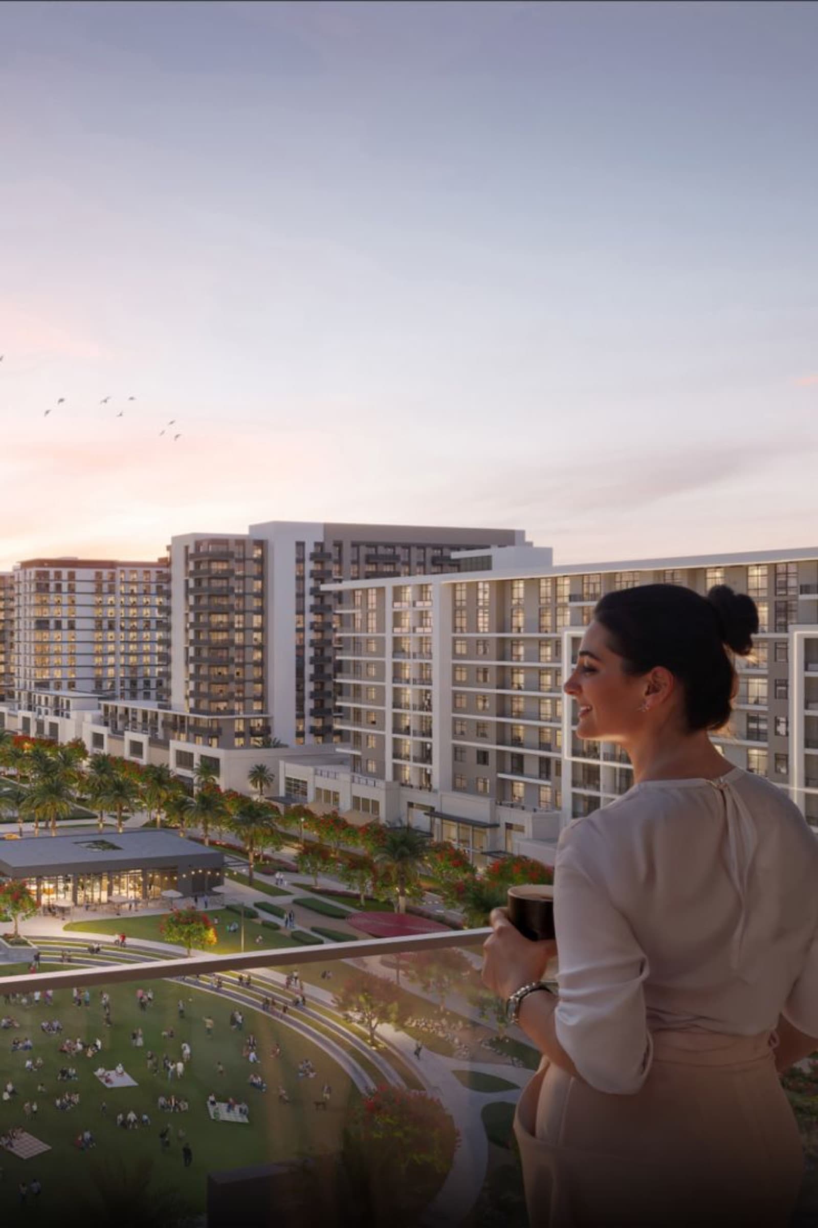 Dubai Hills Estate landscaped community park view at sunset
