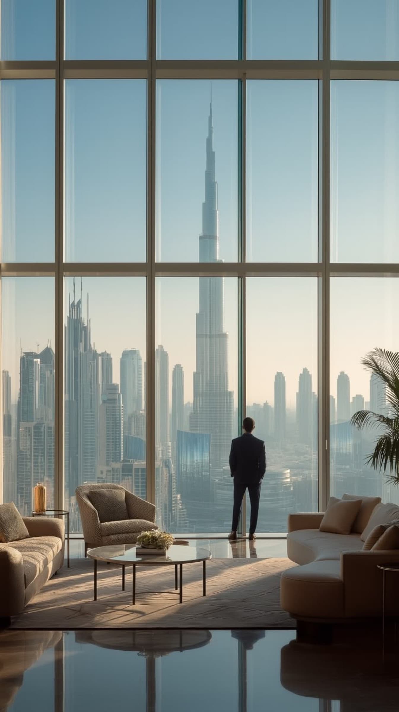 Investor overlooking Dubai skyline and Burj Khalifa from luxury apartment, Spheron Real Estate Dubai