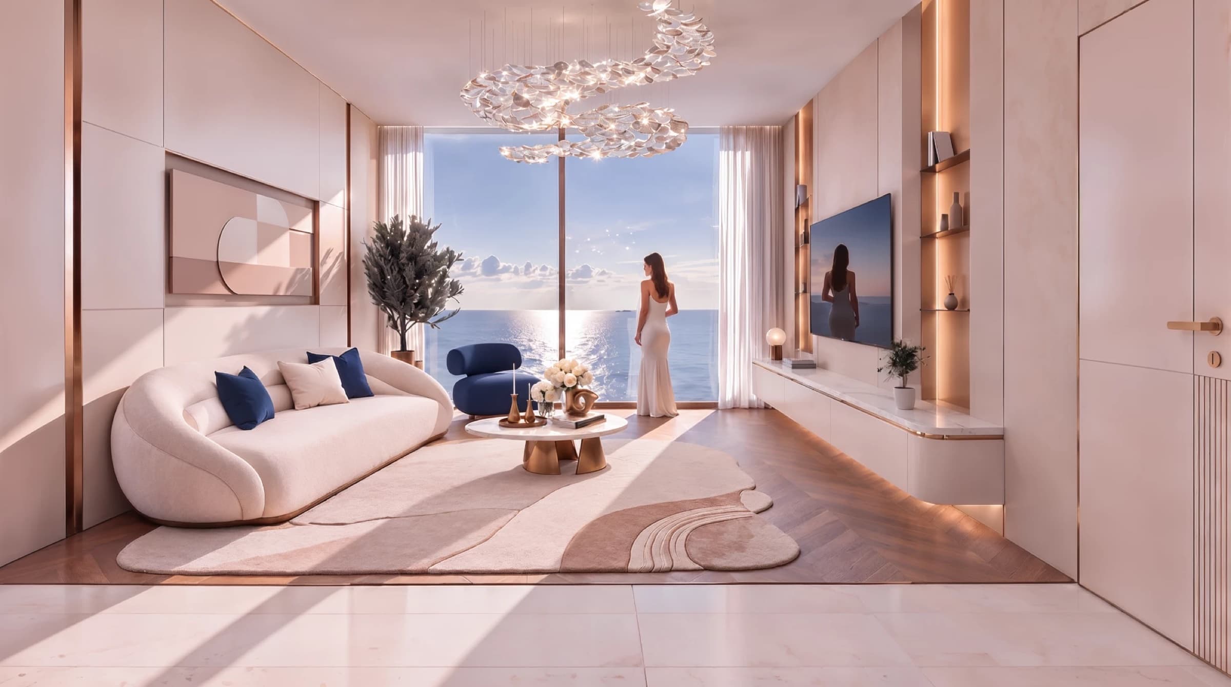 Shahrukhz Residences by Danube, Dubai Islands waterfront apartment living room