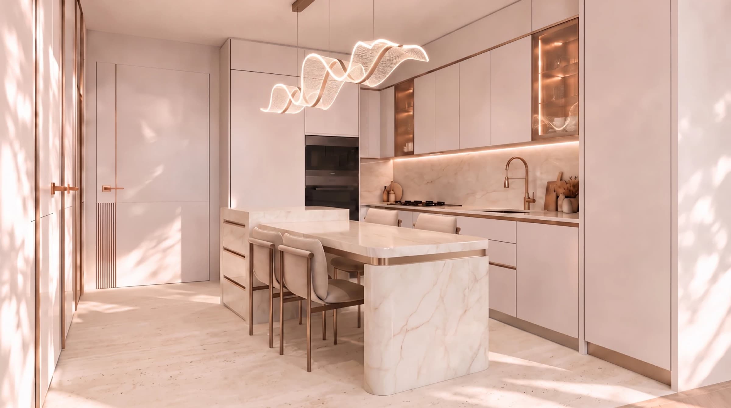 Open kitchen with marble dining island at Shahrukhz Residences