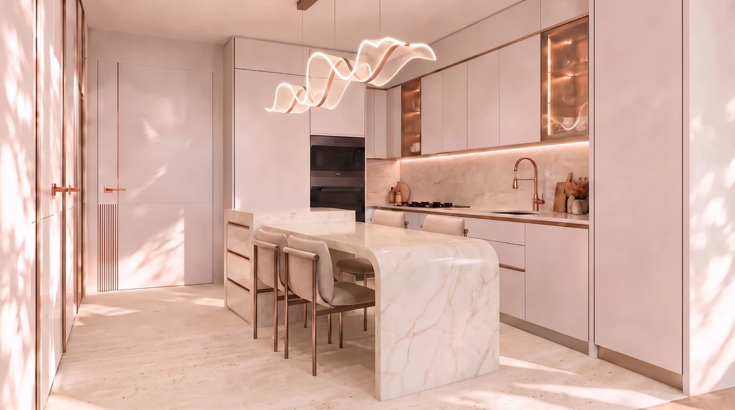 Italian marble kitchen island at Shahrukhz Residences by Danube