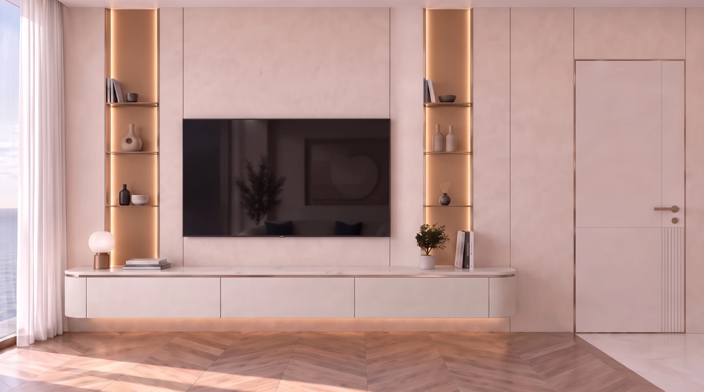 Minimalist living room media wall at Shahrukhz Residences Dubai