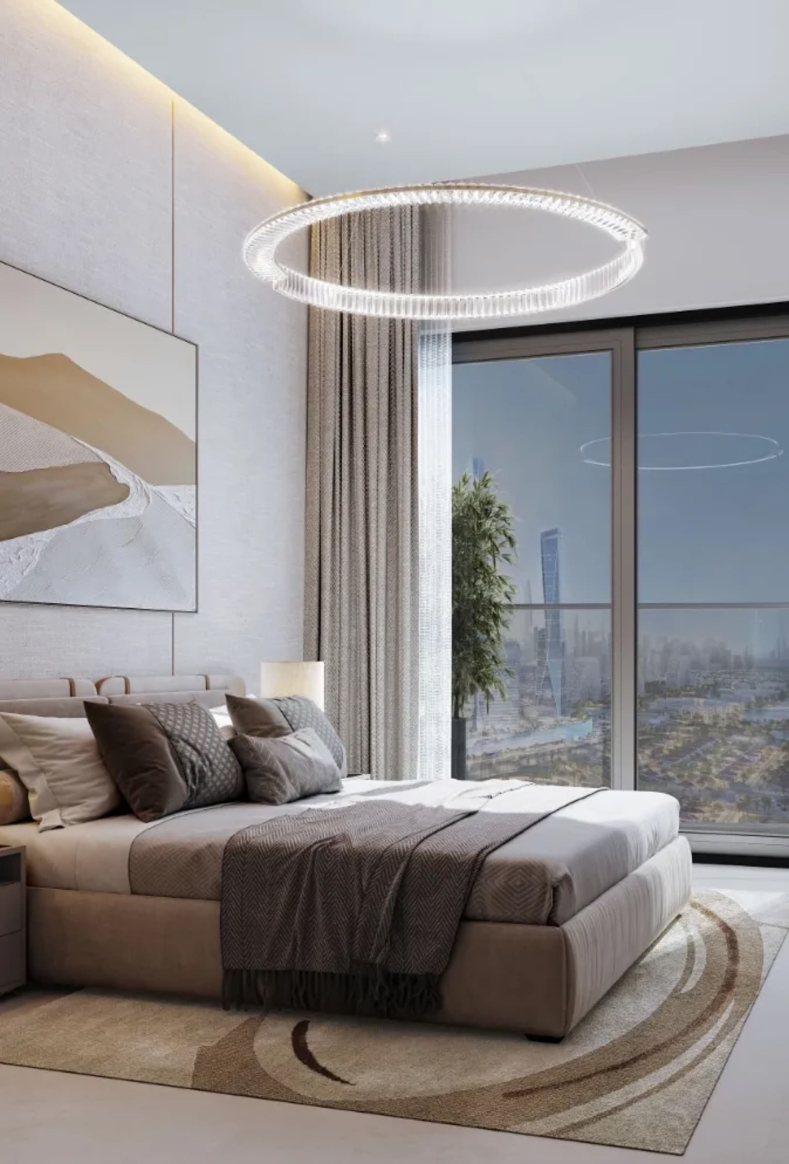 Sobha Central master bedroom with floor to ceiling windows and Dubai skyline view