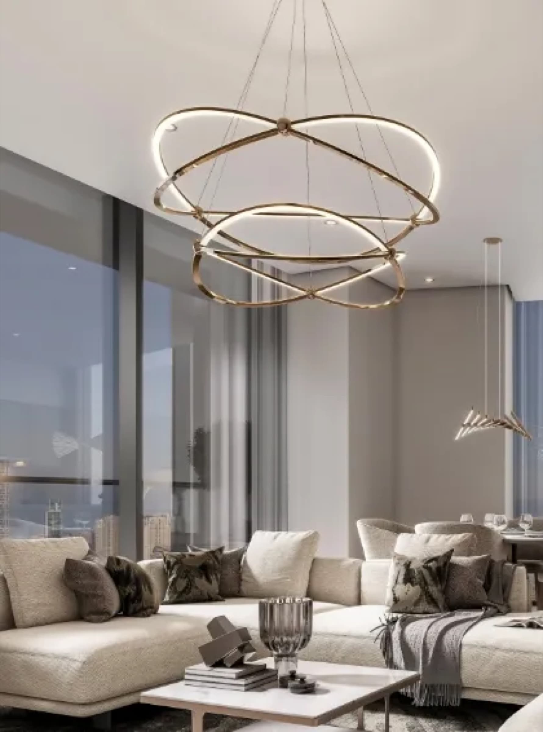 Sobha Central apartment living room with signature pendant lighting