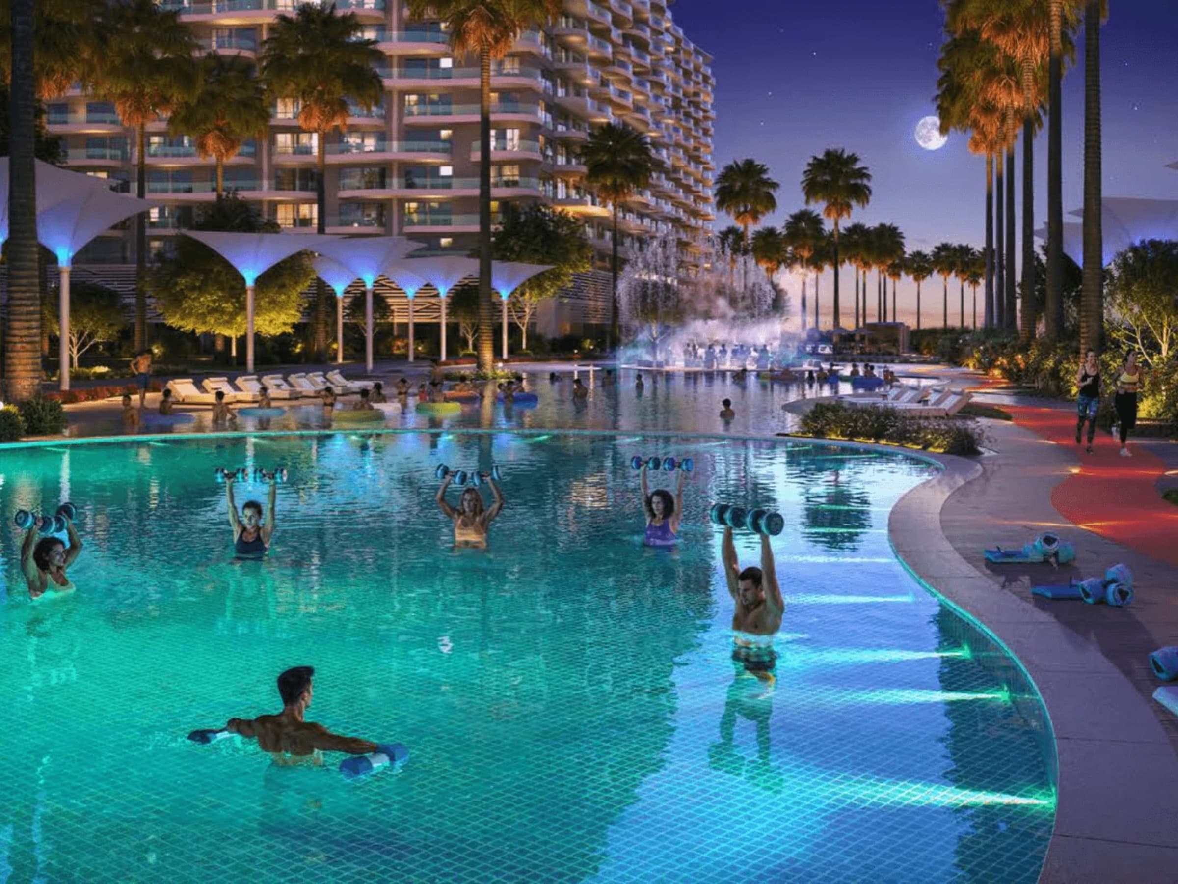 Night aqua-fitness class in the Sorrento lagoon pool, DAMAC Lagoons Dubai