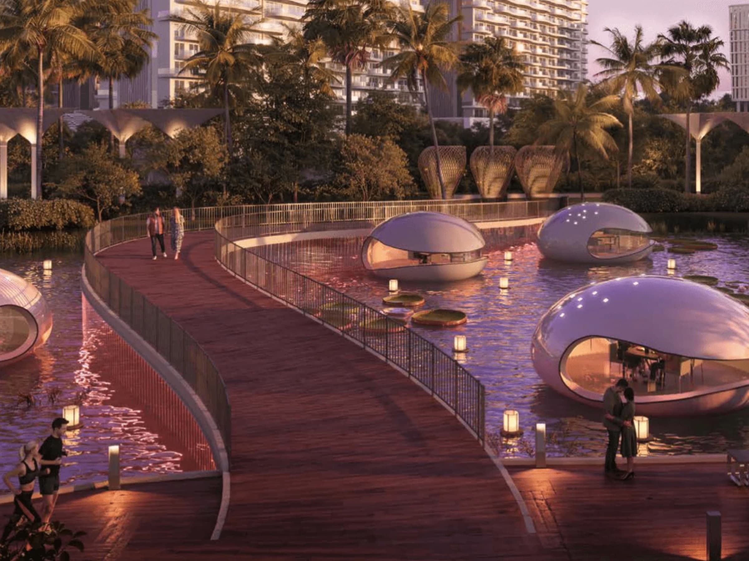 Floating wellness pods on the Sorrento lagoon walkway at dusk, DAMAC Lagoons