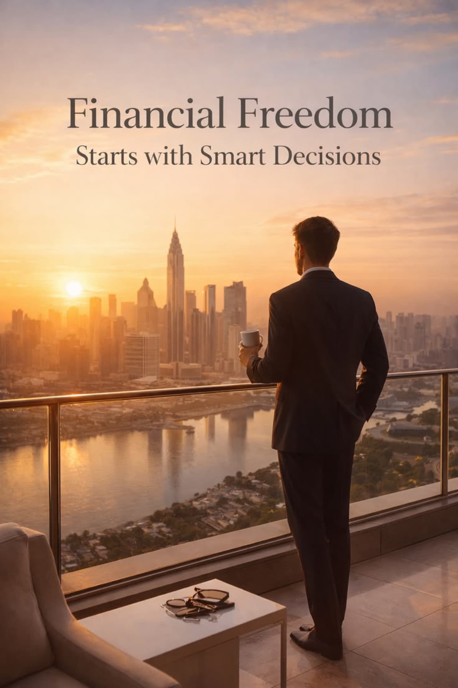 Indian investor overlooking Dubai skyline at sunrise from a luxury apartment balcony