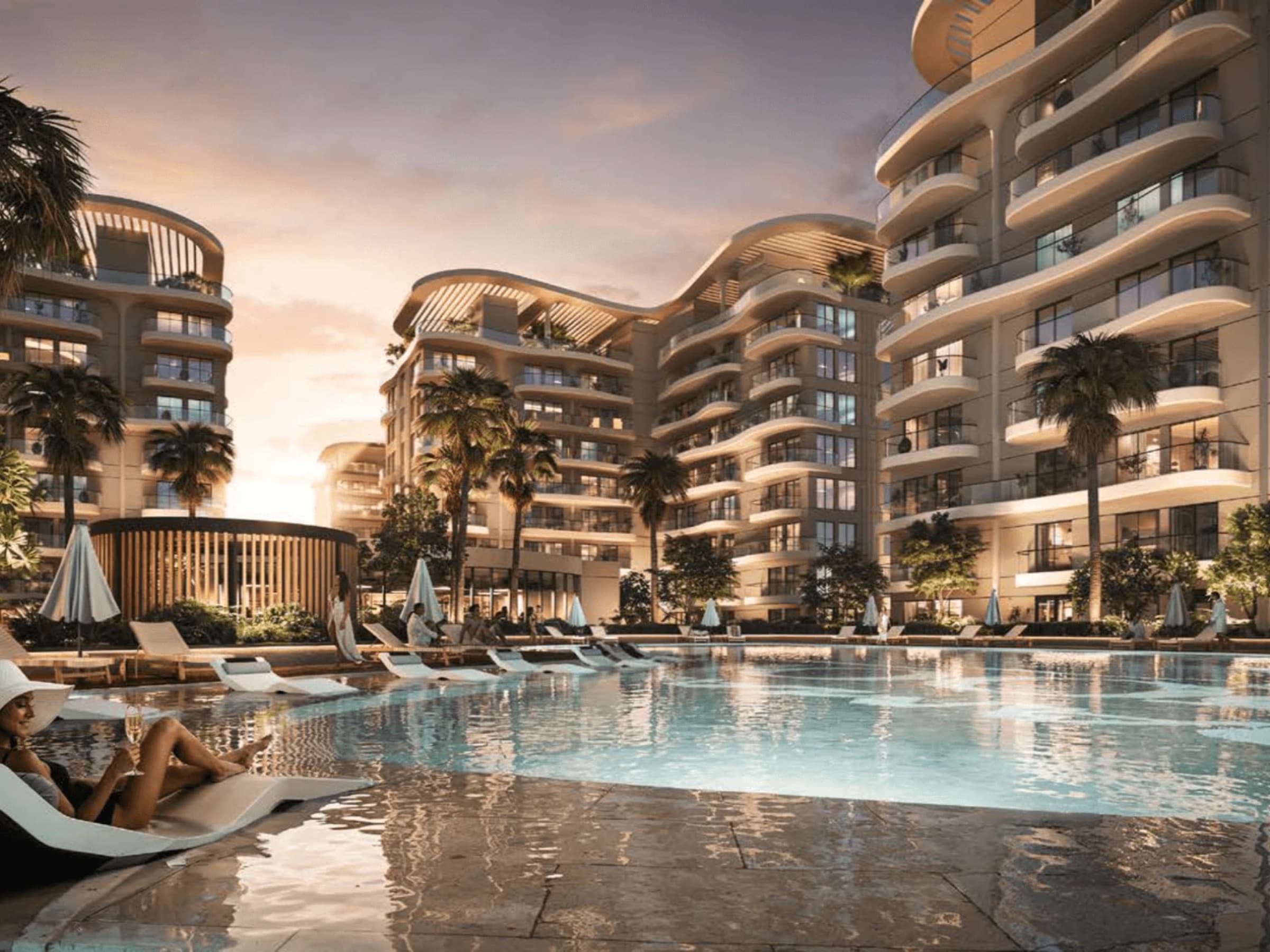 Sorrento by DAMAC Properties, curved white residential towers at sunset overlooking a lagoon pool, DAMAC Lagoons Dubai
